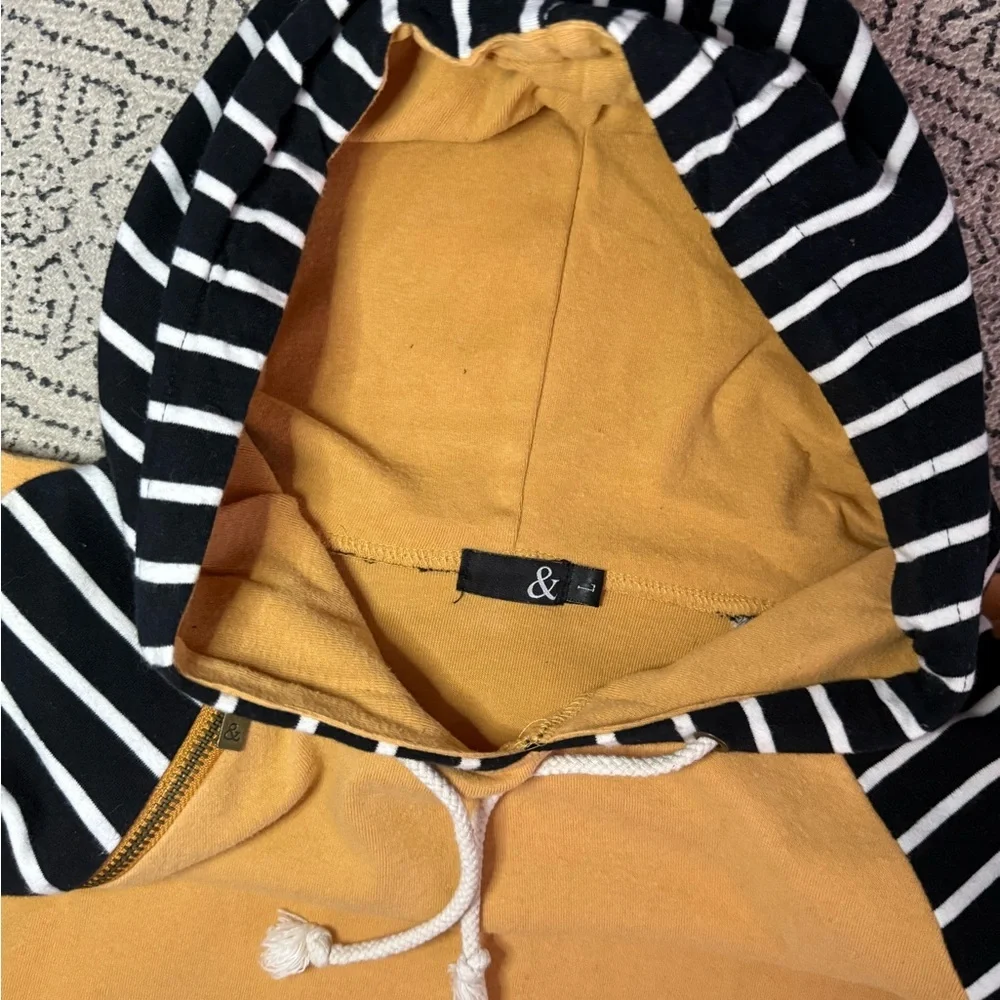 Ampersand Ave DoubleHood Hoodie | Mustard Yellow & Black Striped Sleeve Pullover - Picture 3 of 3